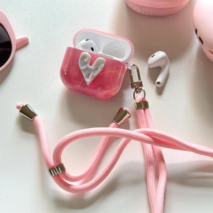 AirPods 4 Case with Neck Strap - Pink Marble Heart Design, Shockproof Silicone Protective Cover for Women Travel, Compatible with AirPods 4/4(2024 NC) & Detachable Keychain,Cute