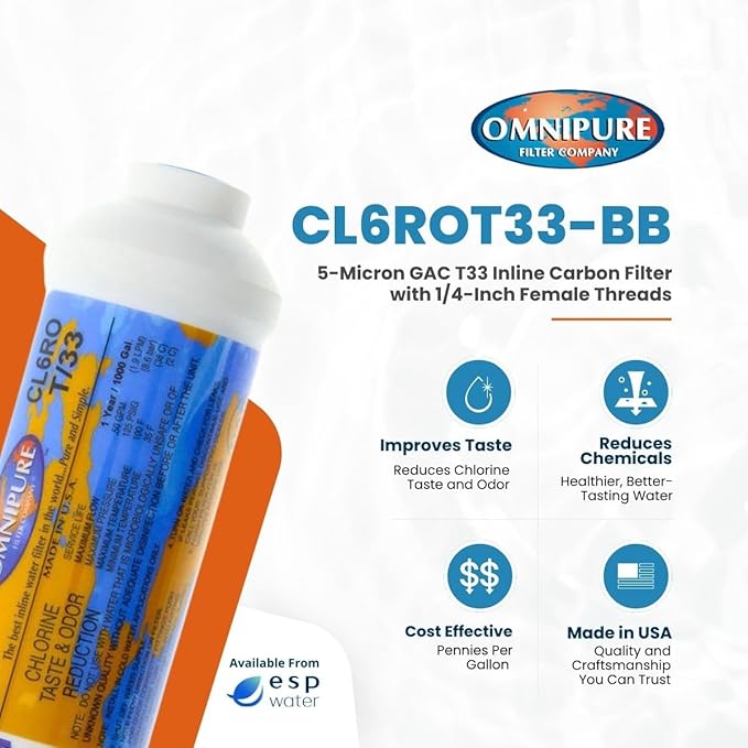 Omnipure CL10ROT33-BB Inline Water Filter, 1/4" FPT, Granular Carbon Replacement Cartridge, In-Line Water Filters for Under-Sink RO, Water Coolers, Ice Machines, RVs, NSF Certified and Made in USA