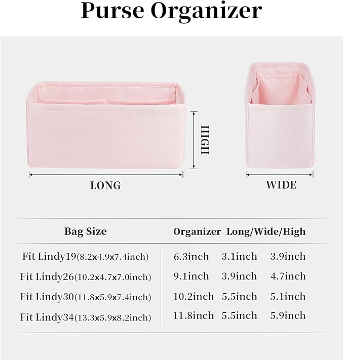 Organizer Insert for Hermes Bags, Luxury Bags Storage with Silk, Lightweight Inner Bag Compatible with Lindy 26 Bags, Multiple Pockets Large Capacity(Pink, Lindy26)