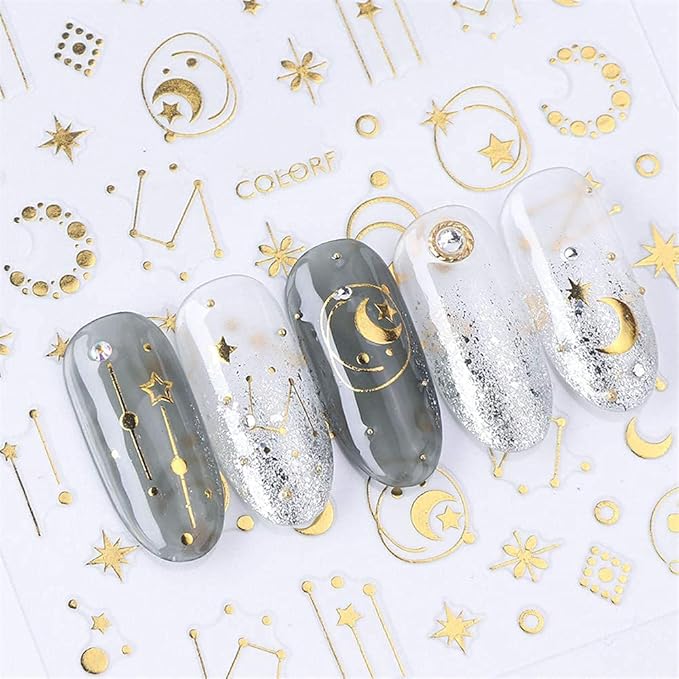 Gold Nail Art Stickers Decals, 3D Self-Adhesive Nail Glitter Design- Flowers Leaf Bow Crown Stars Moon Heart Chains Nail Art Decoration Holographic Nails Supplies for Women Girls Manicure(6 Sheets)