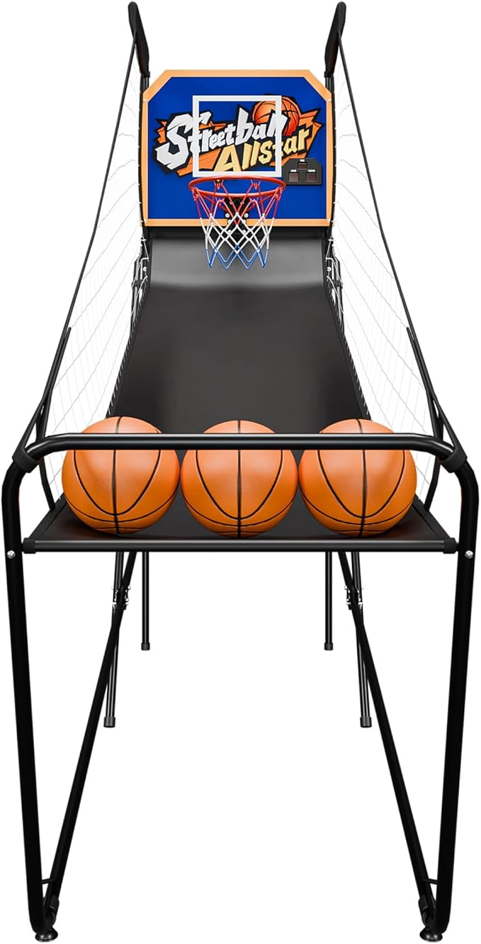 Foldable Electronic Arcade Basketball Game with Electronic Scorer & Buzzer 3 Basketballs & Pump, Pop-Up Game, Indoor Basketball Arcade Game for Kids Adults