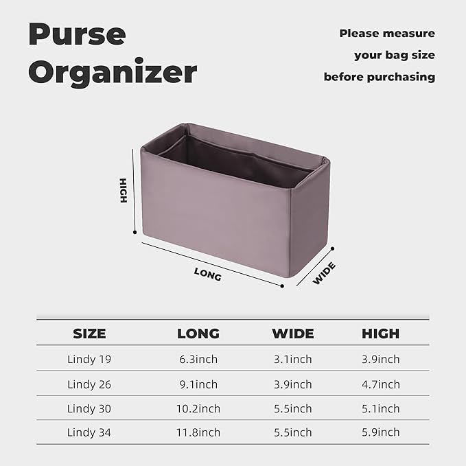 Purse Handbag Silky Organizer Insert Keep Bag Shape Fits Herme Lindy 19/26/30/34 bags, Luxury Handbag Tote Lightweight Sturdy(Konjac Purple,LD 26)