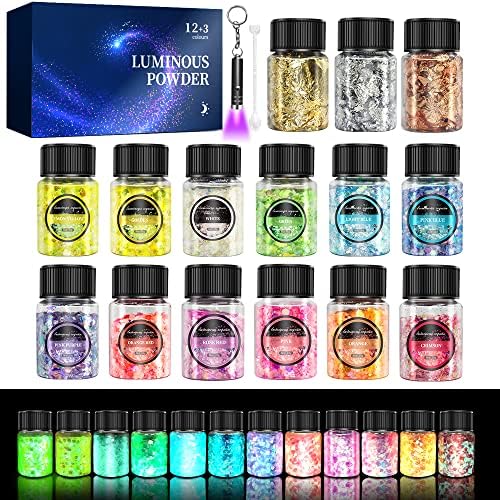 Glow in The Dark Glitter 15 Jar - 12 Colors Glow Glitter and 3 Colors Gold Foil Flakes, High Luminous Glitter for Resin Crafts, Cosmetic, Nail, Glowing Dye for DIY