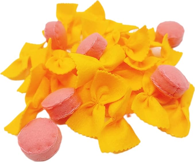 Felt play food Pasta farfalle with sausage for pretend play in kids kitchen, plush fake realistic bow tie (yellow farfalle, Large set (24 farfalle, 6 sausages))