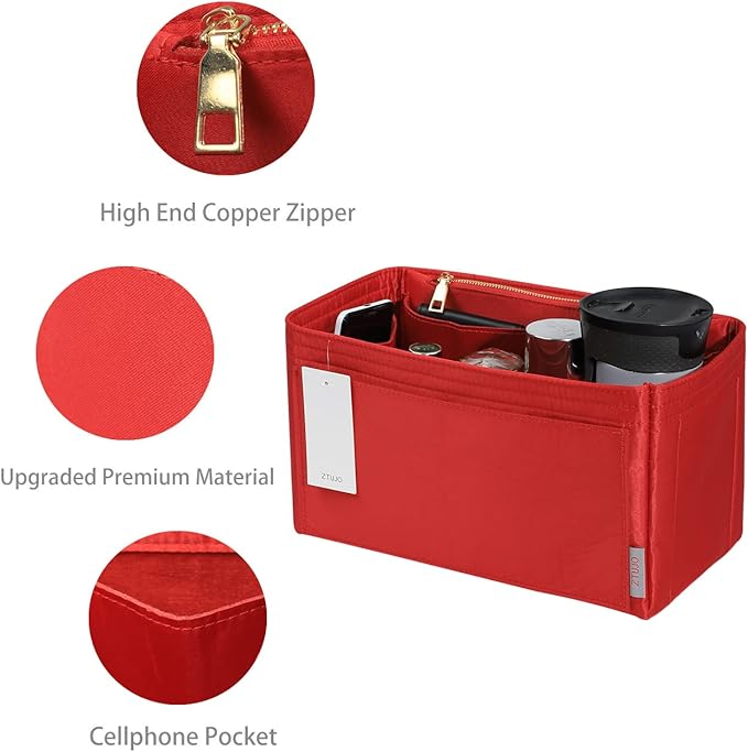ZTUJO Purse Organizer Insert For Handbags, Silky Touching Bag Organizer Insert With Bottle Holder, Perfect for Speedy, Neverfull, Tote,ONTHEGO,Artsy,Handbag and More (Slender Large, Silky Red)