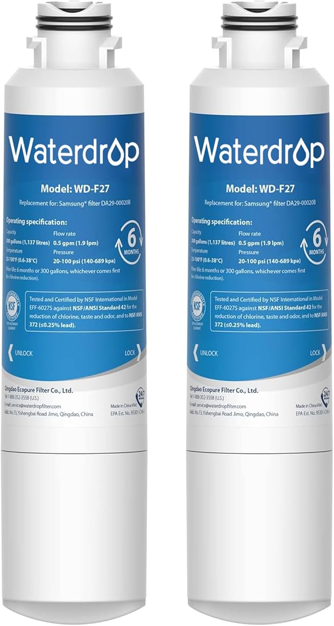 Waterdrop DA29-00020B Replacement for Samsung® Refrigerator Water Filter HAF-CIN/EXP, HAF-CIN, DA29-00020B-1, RF28HMEDBSR, RF263BEAESR, RS25J500DSR, RF263TEAESG, HDX FMS-2, DA97-08006A-1, 2 Pack