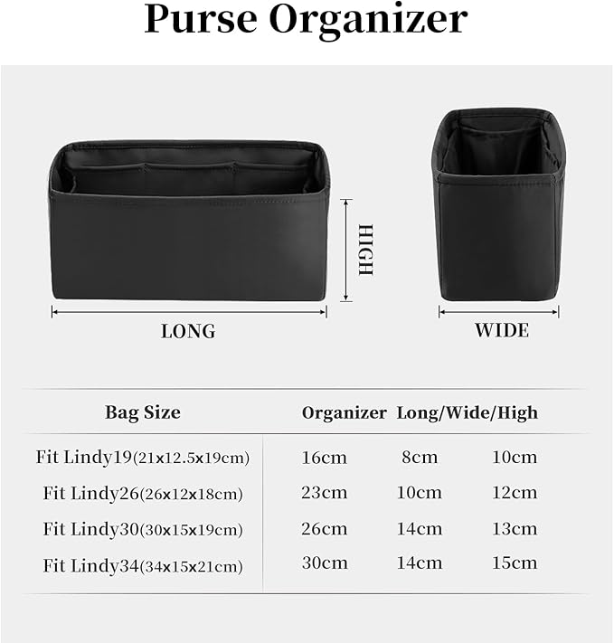 Lindy Bags Organizer Insert, Bag Storage with Silky Satin Material, Lightweight, Black