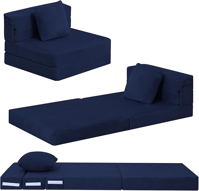 MeMoreCool Foldable Futon Chair Bed for Kids, Toddler Sofa Mattress, Convertible Foam Floor Couch, Tri-fold Sleeping Mattress (Navy)