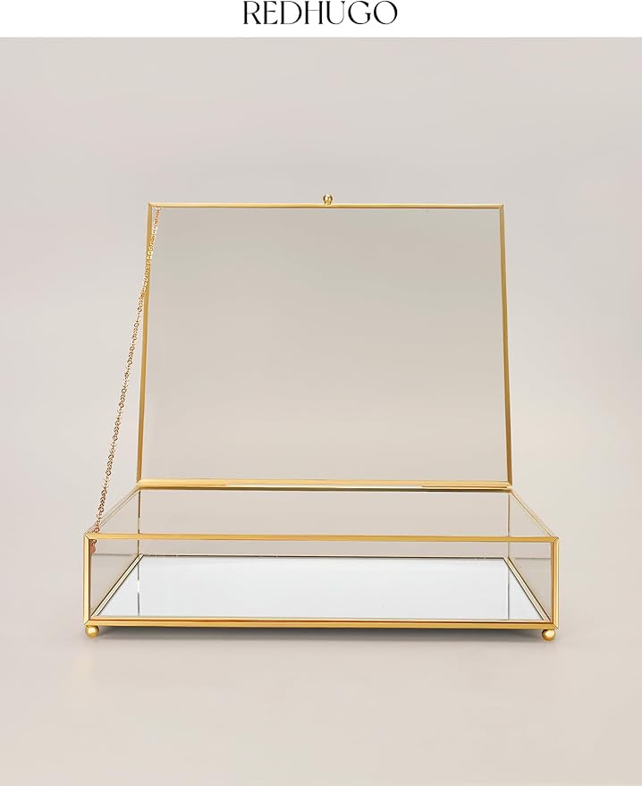 Large Glass Boxes for Display Handmade, Mirrored Bottom, Glass Jewelry Trinket Box with Lid, for Book, Photo, Keepsake Organizer, Display Case for Vanity Decor Home Dresser, Gold