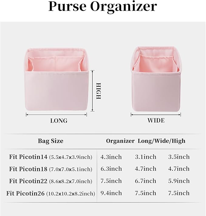 Purse Organizer Insert for Picotin 18/22, Satin Bag Organizer for Picotin Bags, Lightweight Purse Essentials for Women Luxury Handbags, Soft Touch Inner Liner with Multiple Pockets (Pink, PC18)