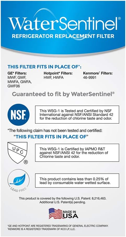WaterSentinel WSG-1 Made in USA Refrigerator Replacement Filter: Fits GE MWF Filters…… (2-Pack)