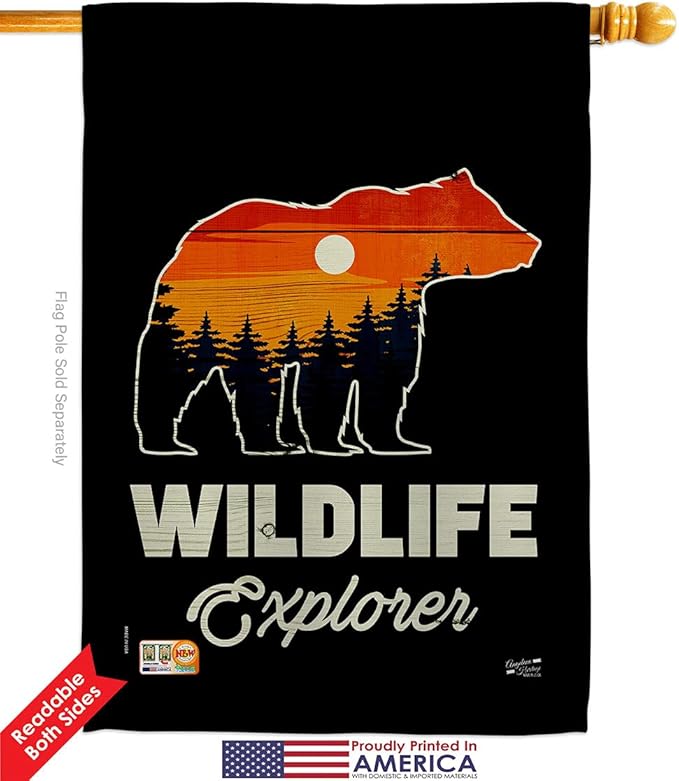 Wildlife Explorer Garden House Flags Kit Outdoor Adventure Rustic Camper RV Trailer Camp Site Campfire Small Decorative Gift Yard Banner Double-Sided Made In USA 28 X 40