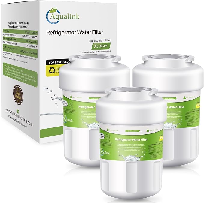AQUALINK RWF0600A Refrigerator Water Filter, Compatible with GE MWF, MWFINT, MWFA, HDX FMG-1, GSE25GSHECSS, 46-9991, GSH25JSDDSS, GSHS6LGBBHSS, PC75009, GSHS6HGDBCSS, 197D6321P006 3PACK