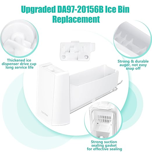 Upgraded DA97-20156B Ice Maker Replacement Compatible with Samsung Refrigerator DA97-20156A Ice Container, Ice Bucket Tray w/Latch Plate fit Model RF28HMEDBSR, RF27T5241SG, RF28R6301SG Ice Bin
