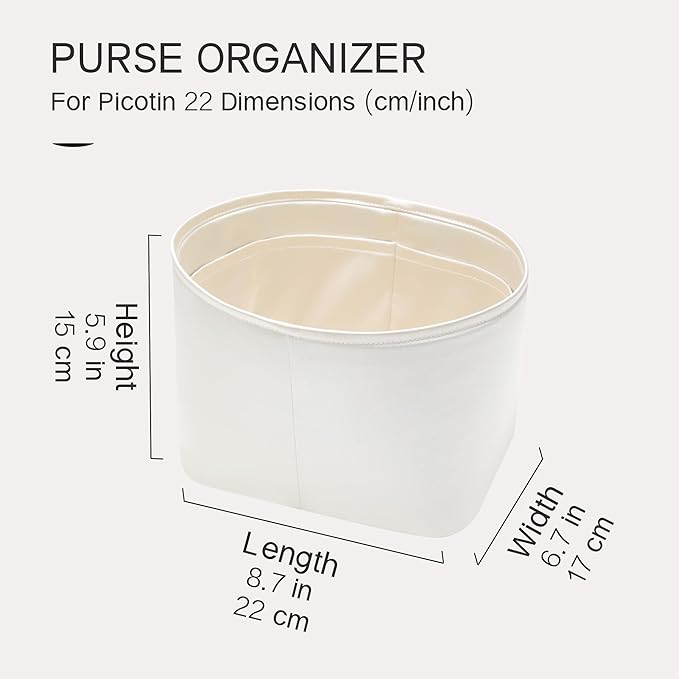 Picotin 22 Bag Insert Oval, Purse Organizer Compatible with Hermes Picotin, Silky Bag Insert, Lightweight and Soft Touch (PC22 Oval, Craie/Nata)