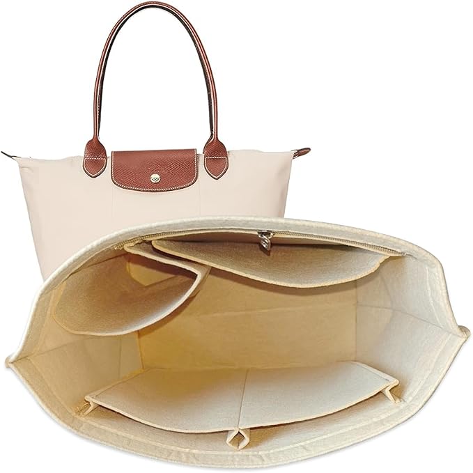 Chispee Purse Organizer for Longchamp Insert Felt Handbag Organizers Divider Pocket & Zipper Inner Bag Liner fit Small, Beige