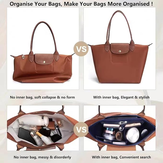 Chispee Purse Organizer Felt Tote Bag Organizer Insert Luxury Handbag Organizers for Longchamp Divider Pocket & Zipper Inner Bag Liner fit Large, Red