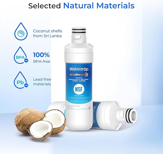 Waterdrop Alkaline LT1000PC ADQ747935 Replacement for LG® LT1000P®/PC/PCS ThinQ® Refrigerator Water Filter, LFXS26973S, LMXS28626S, LMWS27626S, LFXS28596S, LFXS26596S, Enhance PH, 3 Filters