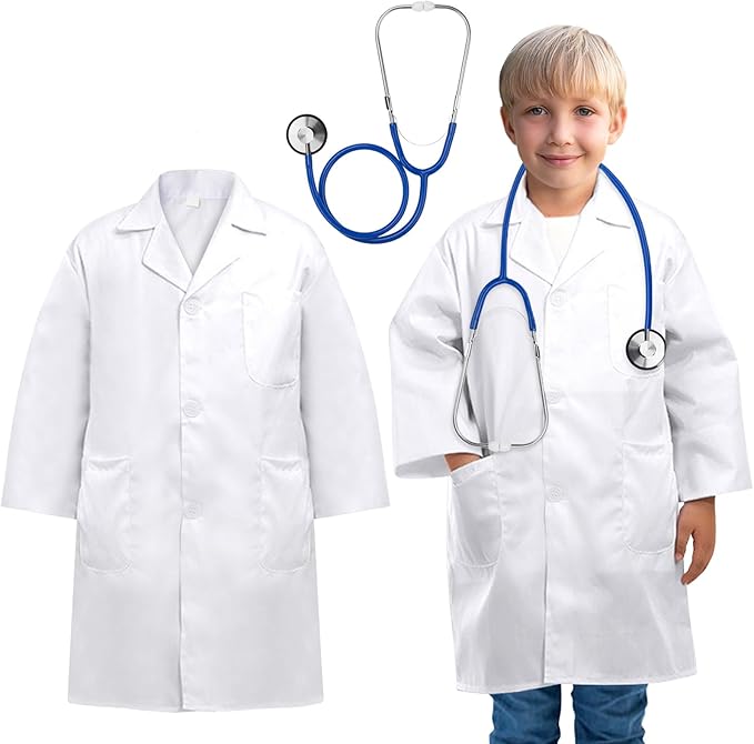Doctor Costume for Kids, Toddler Doctor Lab Coat with Kids Stethoscope, Halloween Scientist Costume for Boys Girls