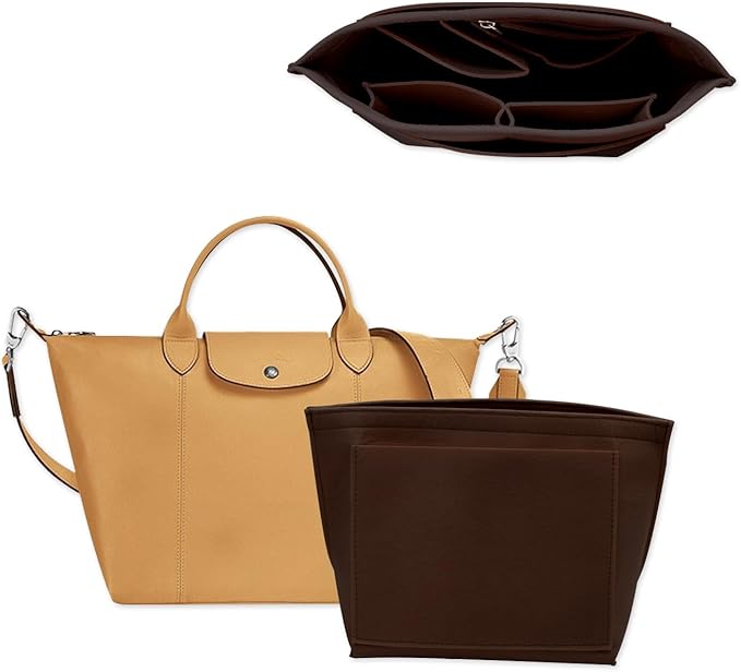 Chispee Handbag Organizers for Longchamp Felt Purse Divider Organizer Insert Pocket & Zipper Inner Bag Liner fit Large, Brown