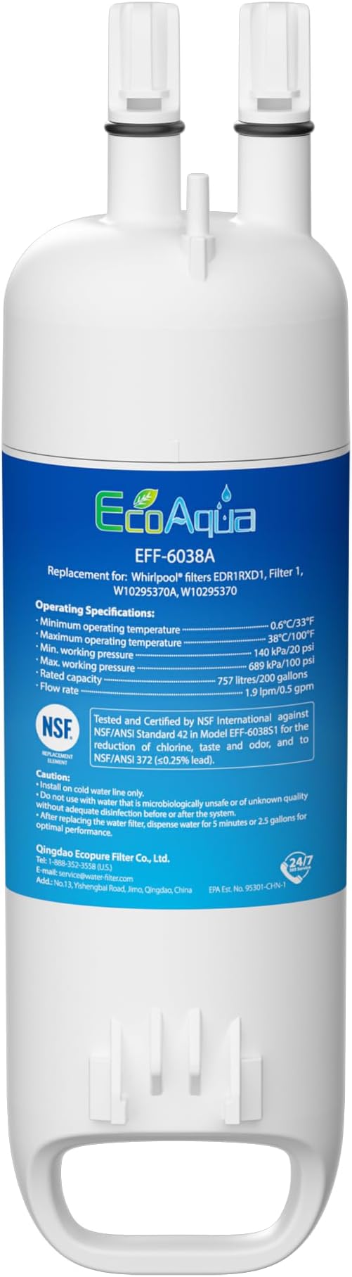 EcoAqua W10295370A Refrigerator Water Filter Replacement for Everydrop® Filter 1, EDR1RXD1, EDR1RXD1B, P8RFWB2L, P4RFWB, WD-F38, 46-9081, 46-9930