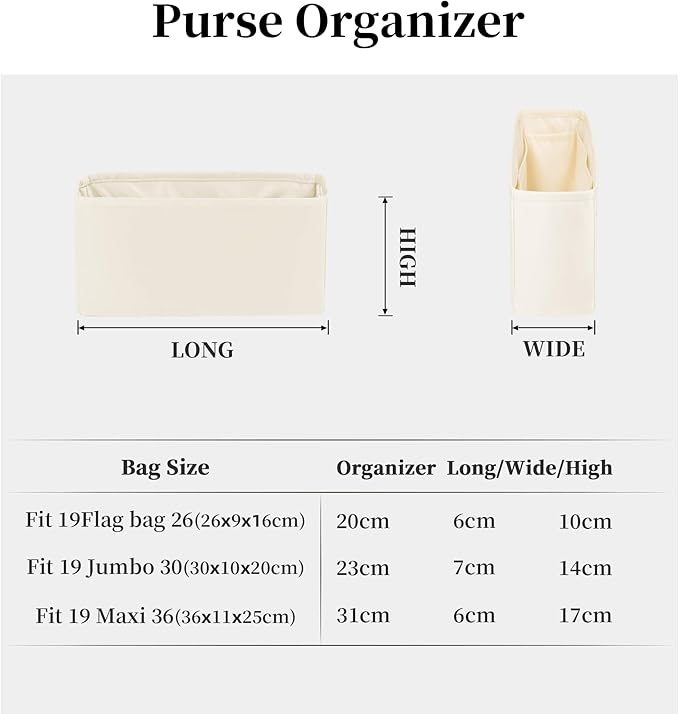 Organizer for Purse Bags, Tote HandBags Organizer with Silky Satin Compatible with Chanel 19 Jumbo, Lightweight Inner Bag for Luxury Bags (Craie, Jumbo30)