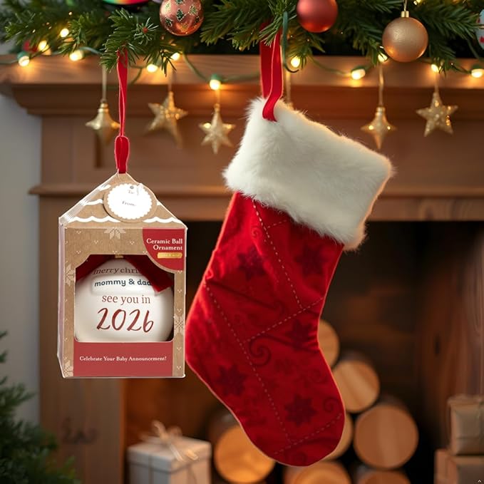Kate & Milo “See You in 2026” Pregnancy Announcement Christmas Ornament – Ceramic Holiday Keepsake with Red Bow & Ribbon, Baby Reveal Gift for Expecting Parents