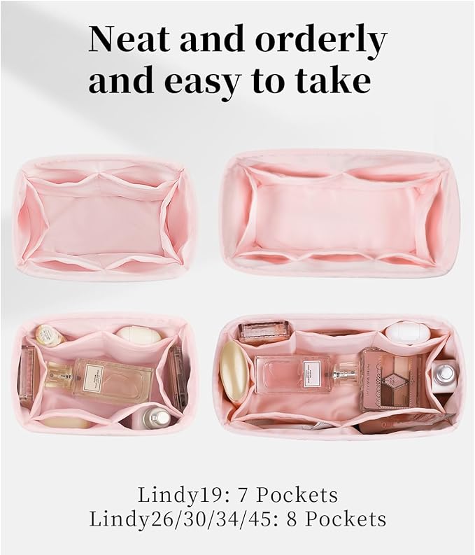 Lindy Bags Organizer Insert, Bag Storage with Silky Satins Material, Lightweight Inner Bag Compatible with Lindy 34 Bag Storage, Multiple Pockets Large Capacity (Pink, Lindy34)