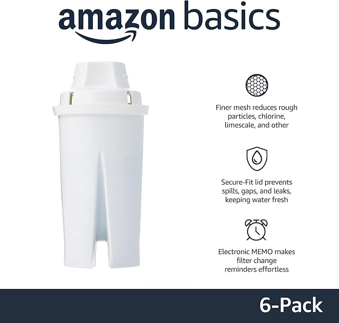 Amazon Basics Enhanced Replacement Water Filters for Pitchers, BPA-Free, WQA & NSF Certified, Compatible with Brita Pitchers & Drinking Water Filter Systems, 1 Year Supply, 6-Pack