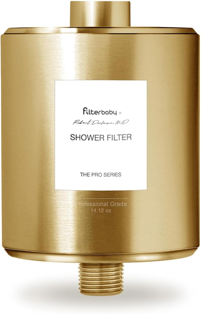 Filterbaby All-Metal Shower Filter Pro, IAPMO Certified to NSF 177, Doctor Developed, Reduces up to 99% Chlorine/Chloramine/Lead/Certain Heavy Metals, Great Water Pressure, Long Lasting, Gold