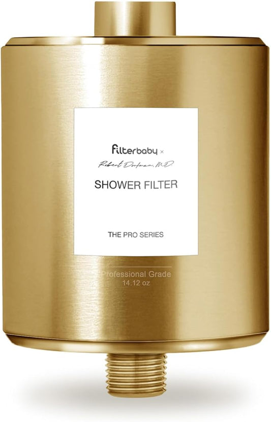Filterbaby All-Metal Shower Filter Pro, IAPMO Certified to NSF 177, Doctor Developed, Reduces up to 99% Chlorine/Chloramine/Lead/Certain Heavy Metals, Great Water Pressure, Long Lasting, Gold
