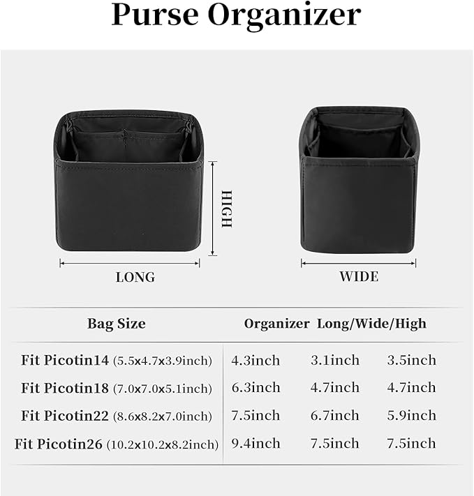 Purse Organizer Insert for Picotin 18/22, Satin Bag Organizer for Picotin Bags, Lightweight Purse Essentials for Women Luxury Handbags, Soft Touch Inner Liner with Multiple Pockets (Black, PC22)