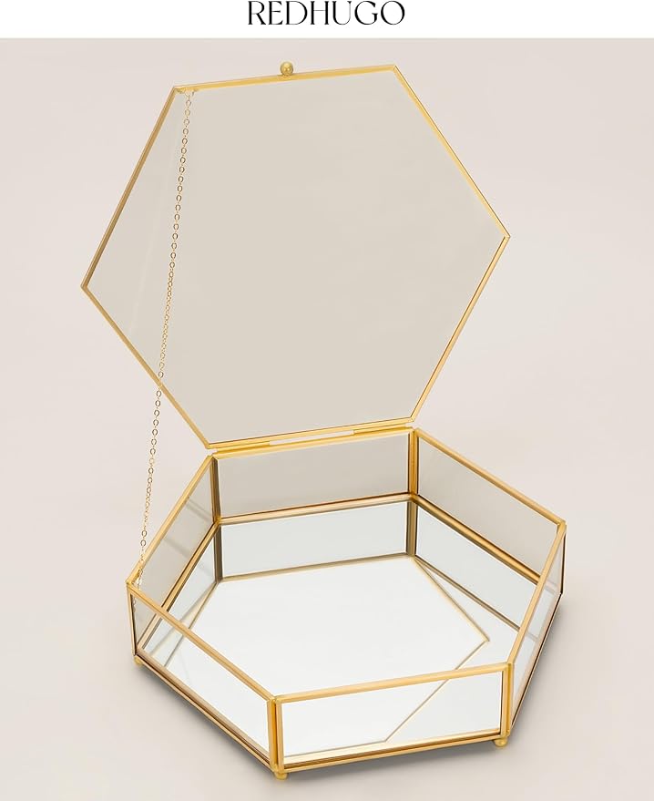 Hexagon Glass Box for Display Handmade, Mirrored Bottom, Brass & HD-Glass Geometric Jewelry Box with Lid for Trinkets, Photos, Books - Multipurpose Keepsake Organizer, Home Decor, Gold
