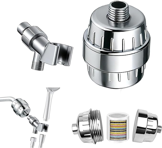 Universal Shower Filter, High Output with Replaceable 15-Stage Cartridge to Remove Chlorine & Impurities, Improve Water Quality for Skin & Hair Care, Chrome，with Bracket Holder (EY-009S)