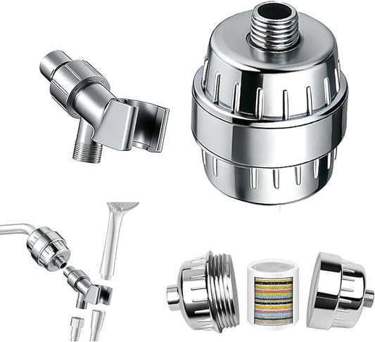 Universal Shower Filter, High Output with Replaceable 15-Stage Cartridge to Remove Chlorine & Impurities, Improve Water Quality for Skin & Hair Care, Chrome，with Bracket Holder (EY-009S)