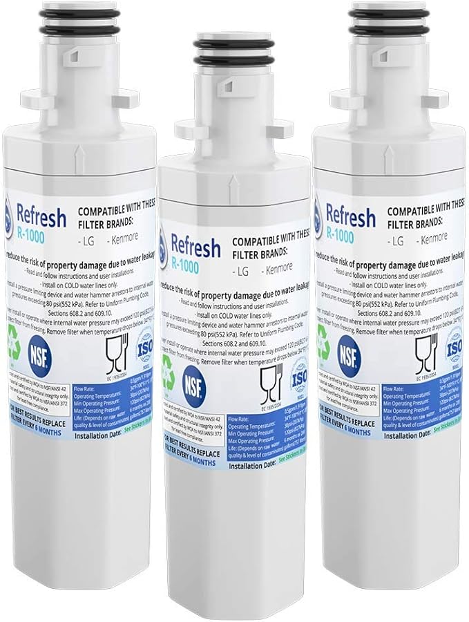 Refresh Replacement Refrigerator Water Filter for LG LT1000P, LT1000PC, LT1000PC, MDJ64844601, ADQ74793501, ADQ74793502 and Kenmore 46-9980, 9980 (3)