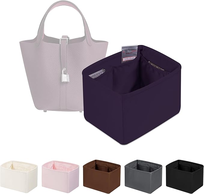Purse Organizer Insert for Picotin 18/22, Satin Bag Organizer for Picotin Bags, Lightweight Purse Essentials for Women Luxury Handbags, Soft Touch Inner Liner with Multiple Pockets (Raisin, PC18)