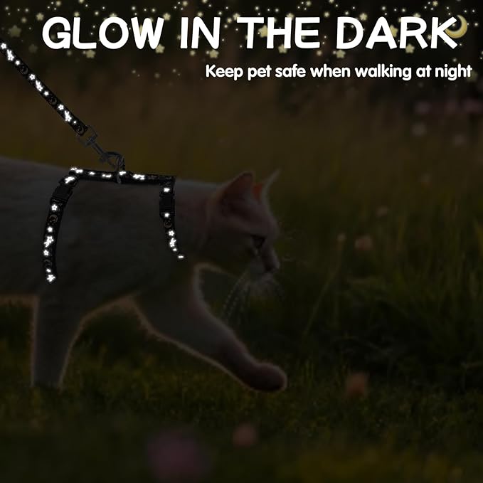 PAWCHIE Cat Harness with Leash and Collar Set - Escape Proof Adjustable H-shped Cat Harness with Star and Moon Pattern Glow in The Dark for Kitty Outdoor Walking