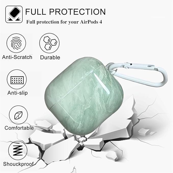 Marble Green AirPods 4 Case for Women, Fashion Shockproof TPU Protective Cover with Adjustable Neck Strap & Hand Strap, Cute Travel Accessories Compatible with AirPods 4/4 Noise Cancelling