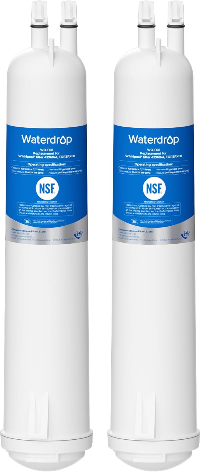 Waterdrop EDR3RXD1 Replacement for Everydrop® Filter 3, 4396841, 4396710, WD-F08, Kenmore® 46-9083, 46-9030 Refrigerator Water Filter, 2 Filters