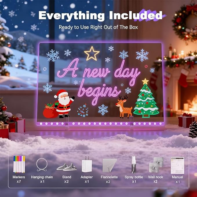 Lumiboard Led Drawing Board, LED Color Light Note Board, 13.7" x 10", 4 Modes, Includes Adapter, Acrylic Stand, Seven Colored Pencils, and Spray Bottle, 7 Colors Acrylic Dry Erase Boards with Light