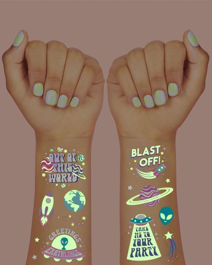 xo, Fetti Space + Planets Glow in Dark Temporary Tattoos for Kids - 50 pcs | Alien Birthday Party Supplies, Astronaut Favors + Rocket ship Decorations