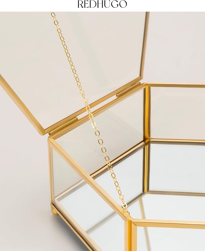 Hexagon Glass Box for Display Handmade, Mirrored Bottom, Brass & HD-Glass Geometric Jewelry Box with Lid for Trinkets, Photos, Books - Multipurpose Keepsake Organizer, Home Decor, Gold