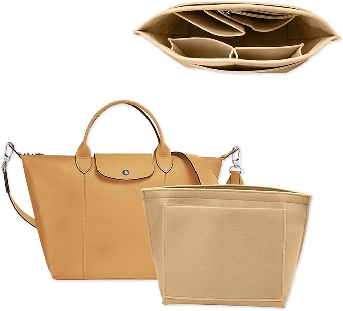 Chispee Handbag Organizers for Longchamp Felt Purse Divider Organizer Insert Pocket & Zipper Inner Bag Liner fit Large, Khaki