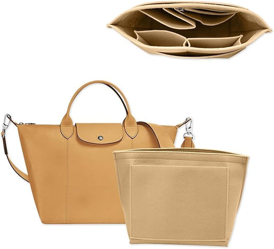 Chispee Felt Purse Organizer Insert Luxury Handbag Organizers for Longchamp Organizer Insert Divider Pocket & Zipper Inner Bag Liner fit Medium, Khaki