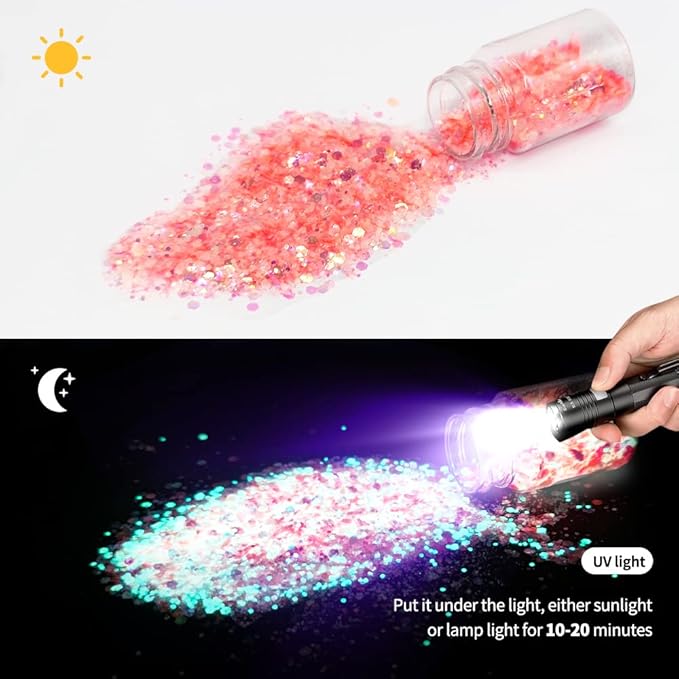 Glow in The Dark Glitter 15 Jar - 12 Colors Glow Glitter and 3 Colors Gold Foil Flakes, High Luminous Glitter for Resin Crafts, Cosmetic, Nail, Glowing Dye for DIY
