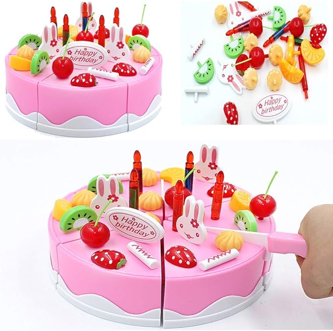 38 PCS DIY Cutting Birthday Party Cake Model Ornament Pretend Kitchen Food Set, DIY Fruit Cutting Kitchen Pink/Blue Cut Cake Gift (38PCS Pink)