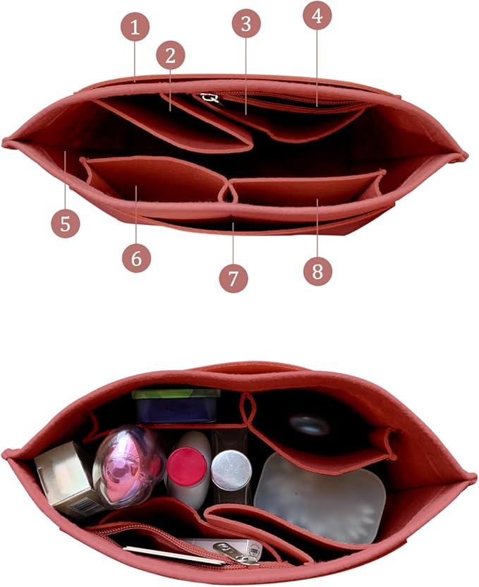 Chispee Felt Purse Organizer Insert Luxury Handbag Organizers for Longchamp Divider Pocket & Zipper Inner Bag Liner fit Medium, Red