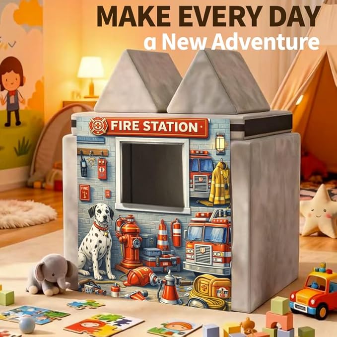 Foam Play Couch Panels - Firefighter Station Theme,Soft Sofa Accessories,Modular Play Panels,33.5x37 Inches