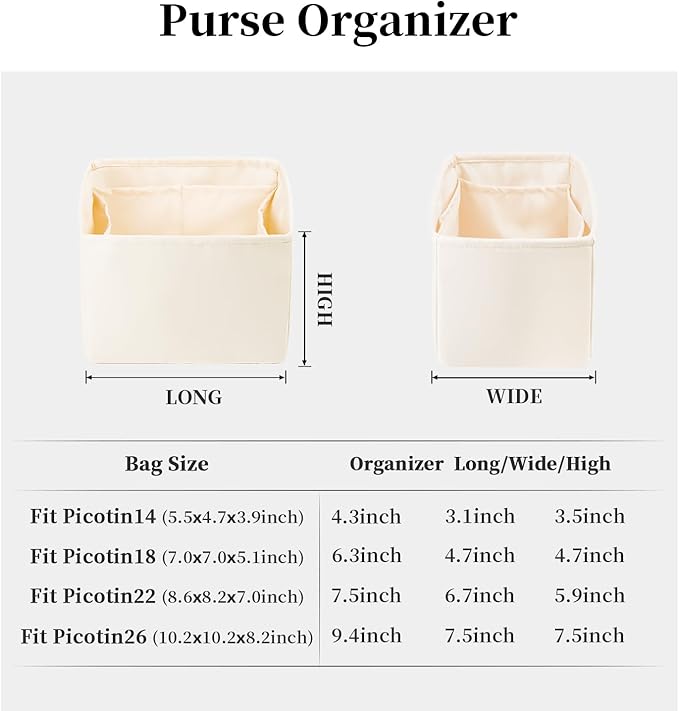 Purse Organizer Insert for Picotin 18/22, Satin Bag Organizer for Picotin Bags, Lightweight Purse Essentials for Women Luxury Handbags, Soft Touch Inner Liner with Multiple Pockets (Craie, PC22)